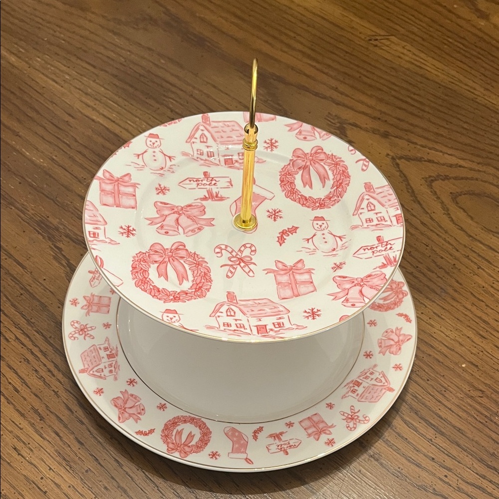 Grace Teaware Christmas Pink Bow fine porcelain 2-tier‎ dessert stand